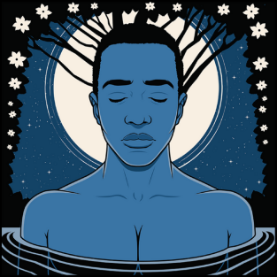 Graphic Art by RBlack of a man with a Black man in front of the moon with magnolia trees growing from his head