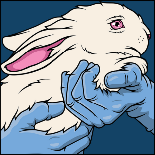 Graphic Art by RBlack of a scared white rabbit being held by a scientist with blue plastic gloves