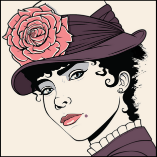 Graphic Art by RBlack of a a woman in a purple hat with a rose whose figure is appearing out of dots and brush strokes