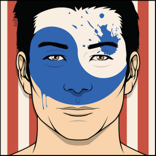 Graphic Art by RBlack of a man with a mash-up of Asian flags superimposed with paint on his face